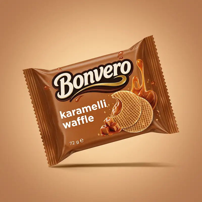 Bonvero karamelli waffle ambalaj tasarımı 72g - kahverengi paket gıda tasarımı