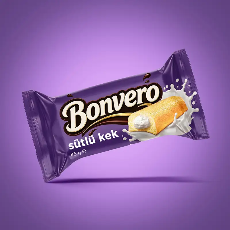 Bonvero süt dolgulu kek ambalaj tasarımı 45g - mor paket atıştırmalık tasarımı
