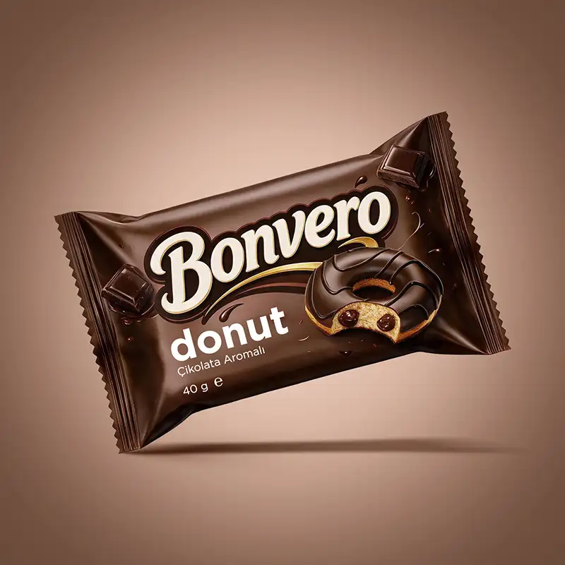 Bonvero çikolata aromalı donut ambalaj tasarımı 40g - gıda ambalajı tasarımı