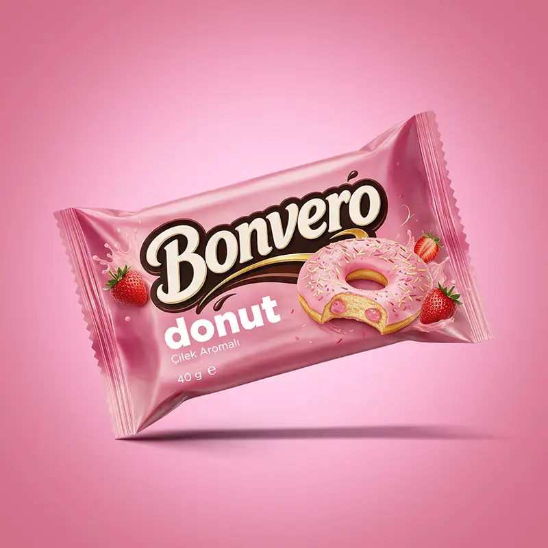 Bonvero çilekli donut ambalaj tasarımı