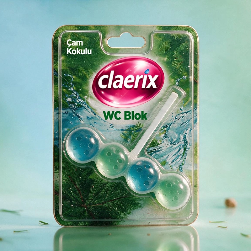 Claerix çam kokulu WC blok tuvalet temizleyici ambalaj tasarımı - blister paket giydirme