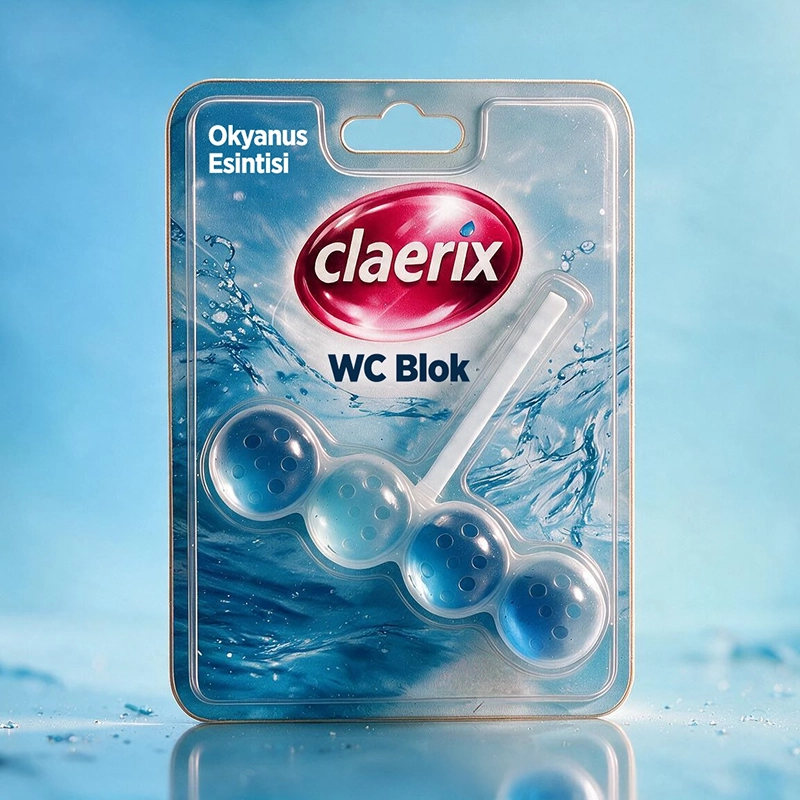Claerix okyanus esintisi tuvalet temizleyici WC blok ambalaj tasarımı ve 3D görselleştirme